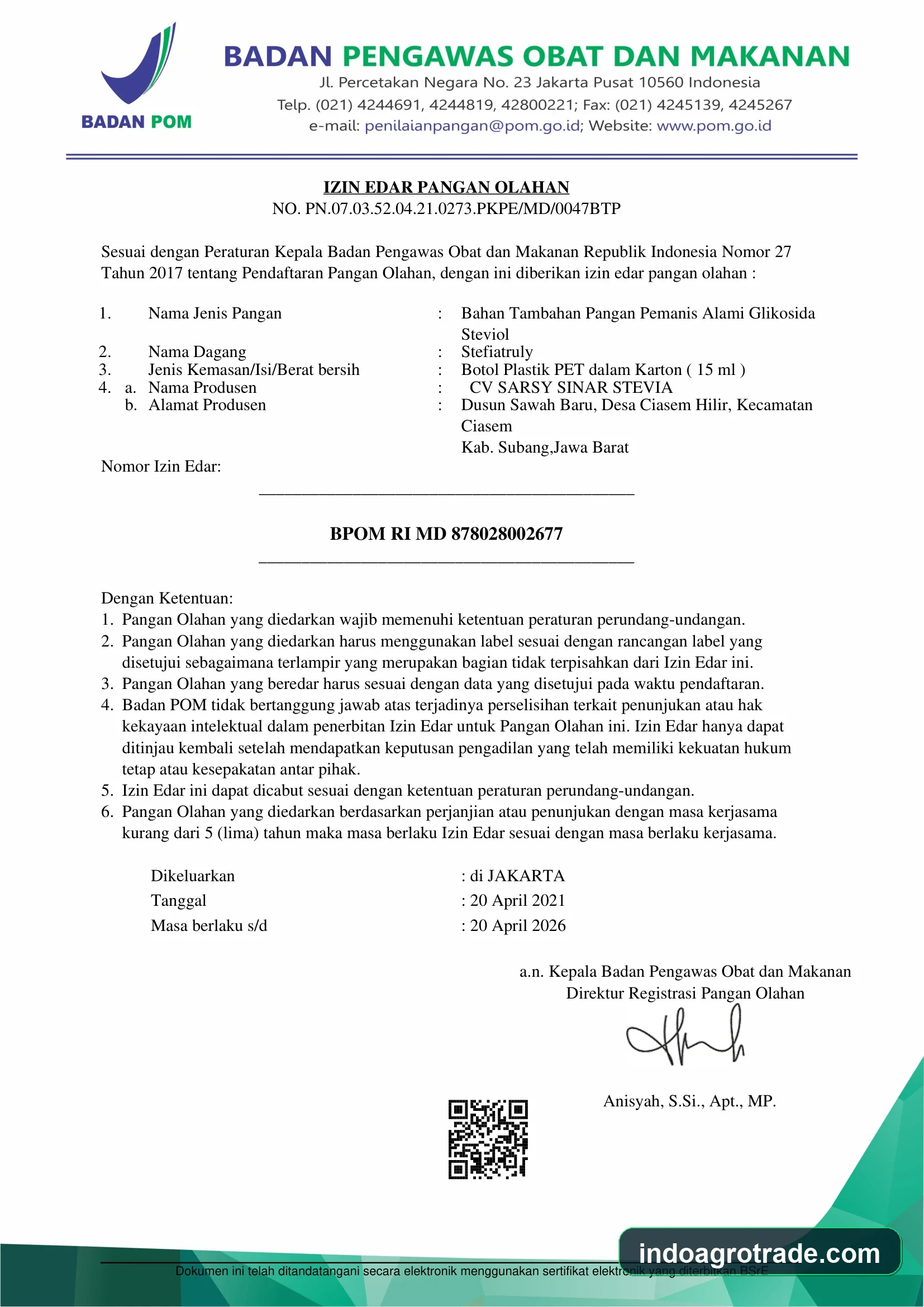 BPOM RI MD Certificate preview